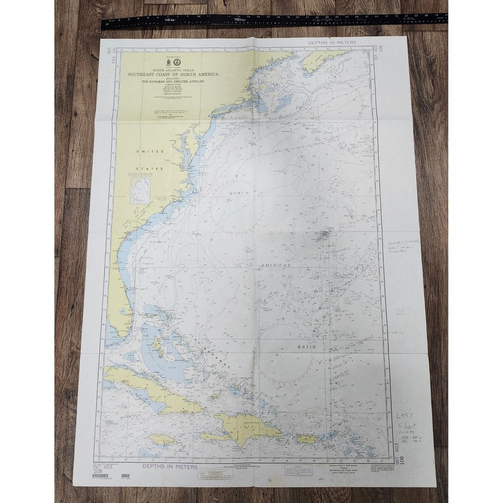 Vtg Nautical Chart North Atlantic SE Coast North America Bahamas Wall Map Decor